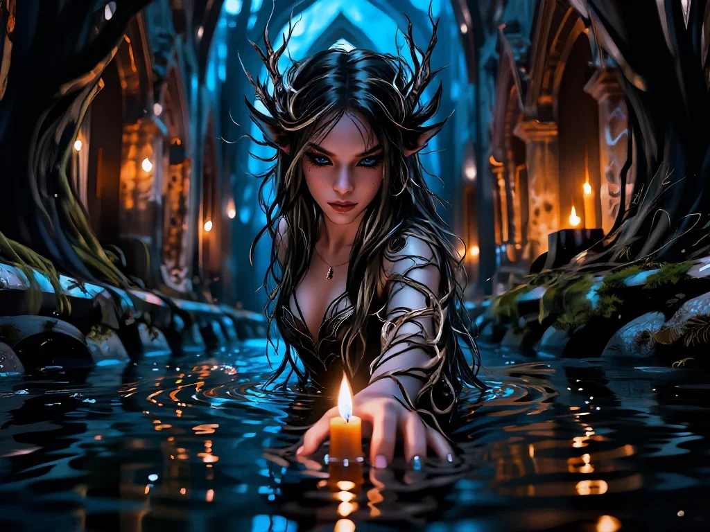 a dryad with vine-woven hair in a forest pool in a gentle reach toward the lens, in a candle-lit cathedral ruin, editori