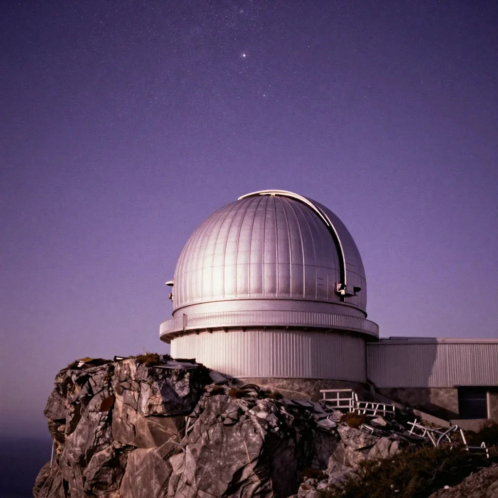 a cliffside observatory beneath a star-filled sky, cinematic architectural photography, subtle film grain, lavender and