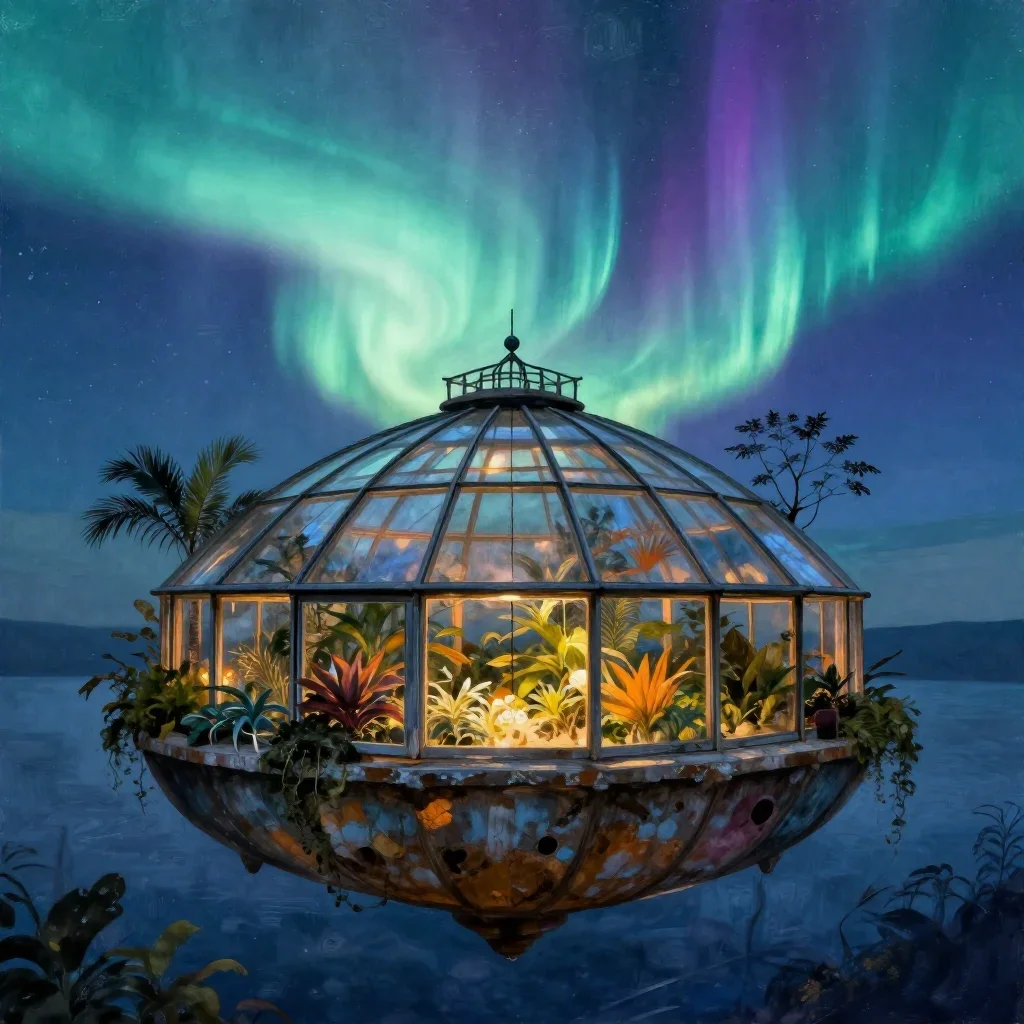 a floating botanical conservatory beneath an aurora, dreamlike fine-art landscape photography, weathered tactile surface
