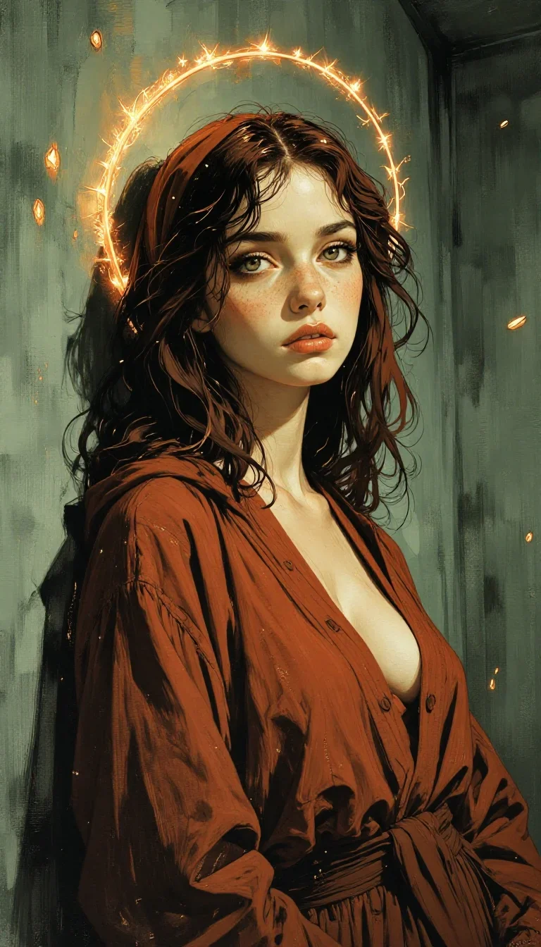 a celestial priestess with haloed candlelight in a wind-swept lean against a wall, in a smoke-lit photo studio, neo-noir