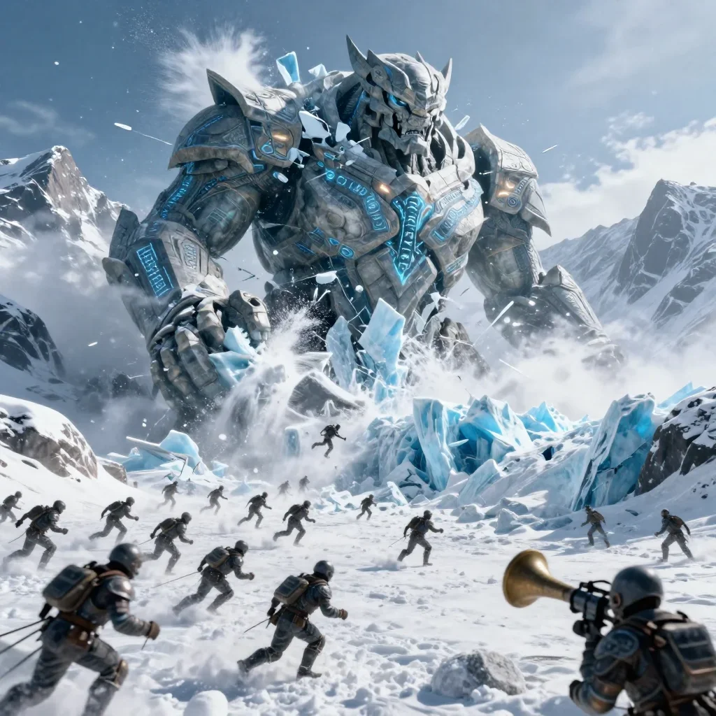 Sweeping wide shot of a mountain-sized titan of ice and stone tearing itself free from a glacier as an army of armored w