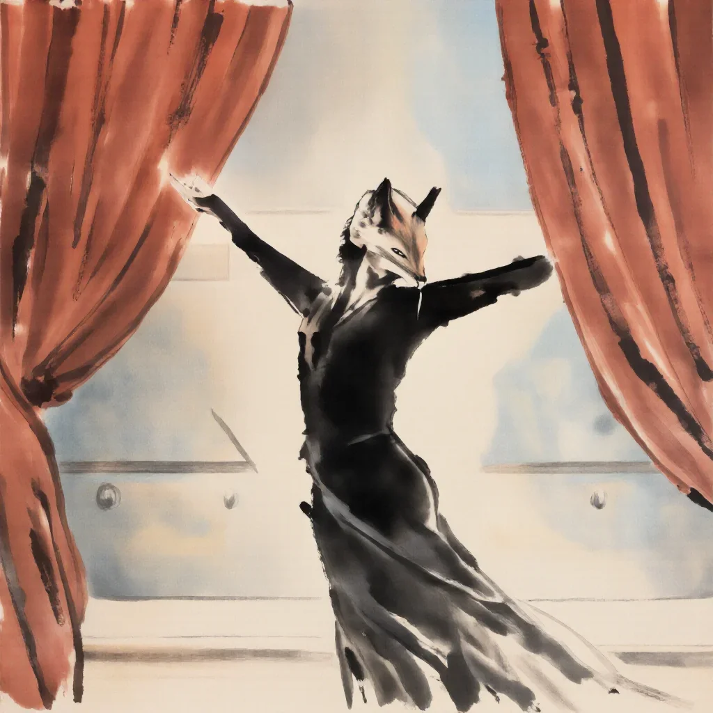 a spectral fox-spirit woman in an ink wash in a bold, open-armed welcome, in a velvet-curtained boudoir, neo-noir cinema