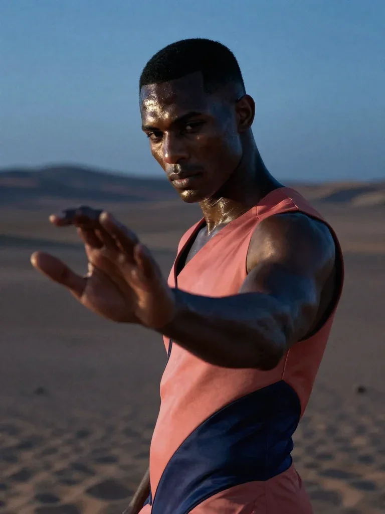 a chiseled athlete in dramatic rim light, oiled skin in a gentle reach toward the lens, in a silent desert at twilight,