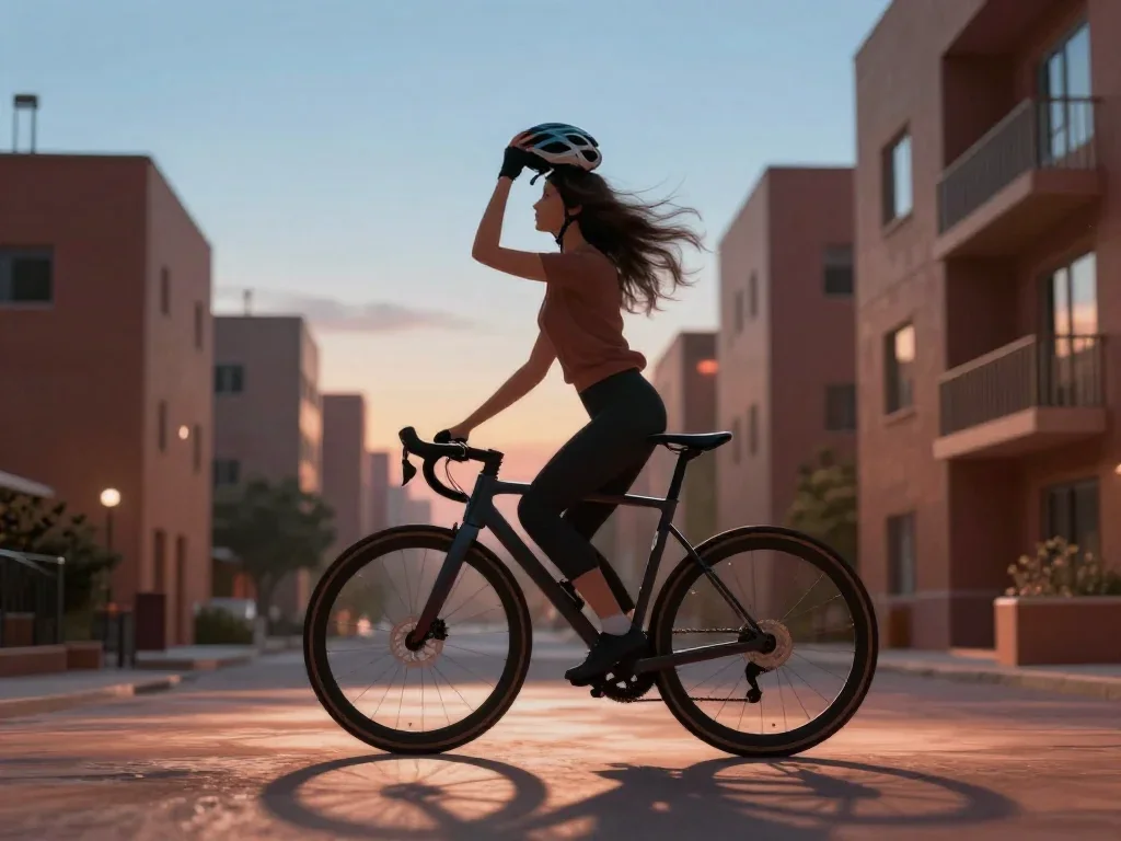 a rider removing a helmet, flushed and windblown in a graceful contrapposto pose, in a blue-hour city apartment, dreamli