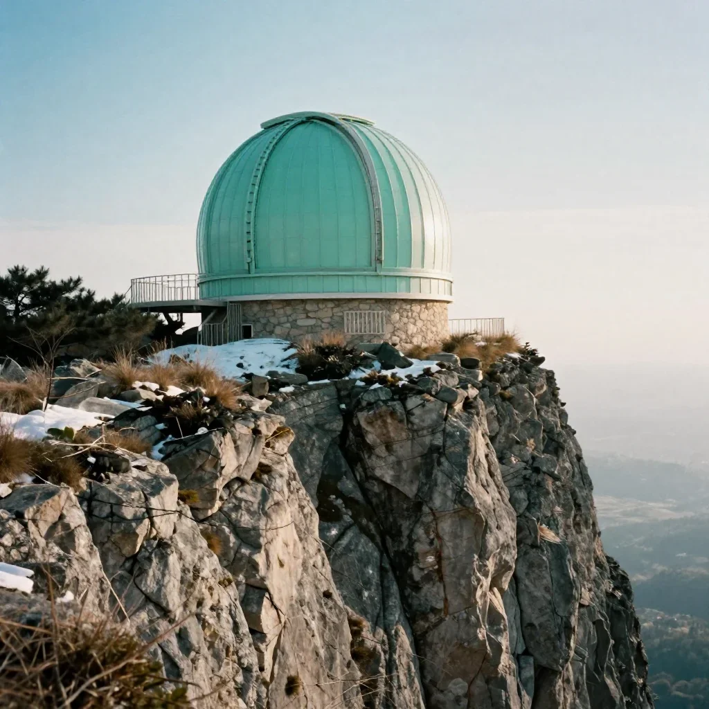 a cliffside observatory in crisp winter sunlight, soft-grain analog film photography, soft volumetric light, jade and ch