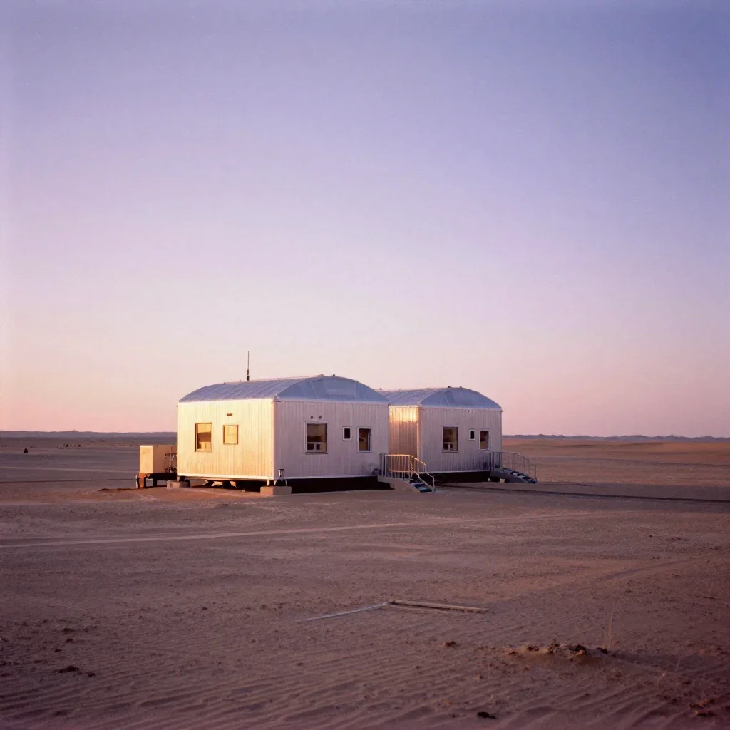 a desert research station during golden hour, soft-grain analog film photography, restrained color harmony, lavender and