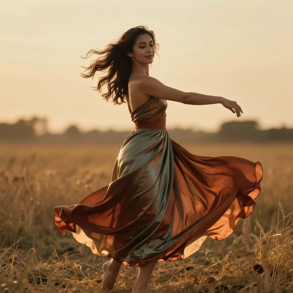 a dancer mid-spin in a silk maxi dress in an alluring over-the-shoulder glance, in a backlit golden-hour field, cinemati