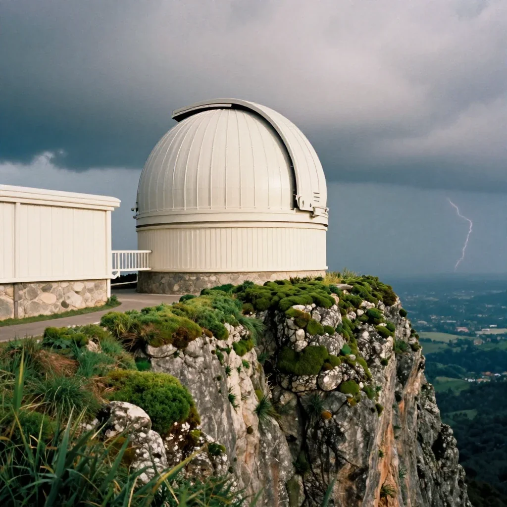 a cliffside observatory after a distant thunderstorm, soft-grain analog film photography, careful geometric composition,