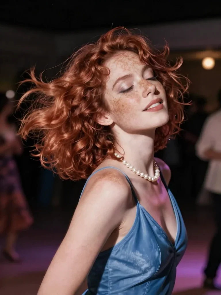 a muse with freckles and wind-tousled copper hair in a deep breath with eyes closed, on a midnight dance floor, soft-gra