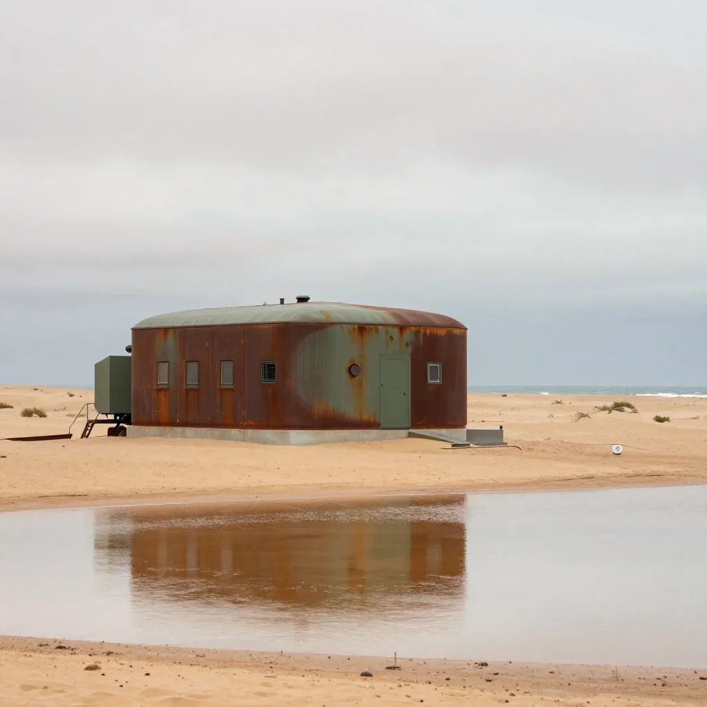 a desert research station under overcast coastal light, refined editorial travel photography, gentle reflected light, ru