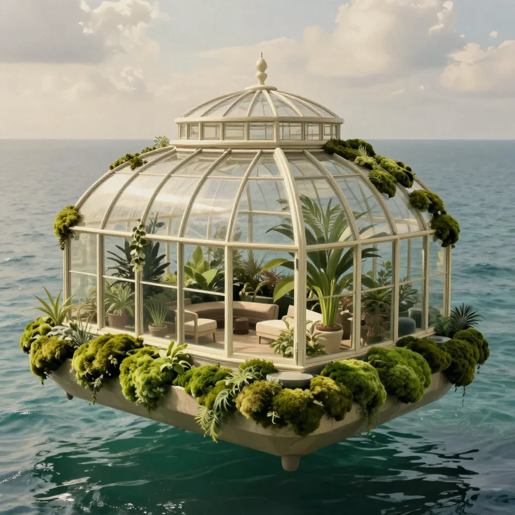 a floating botanical conservatory in a gentle sea breeze, museum-quality still-life photography, crisp material detail, 