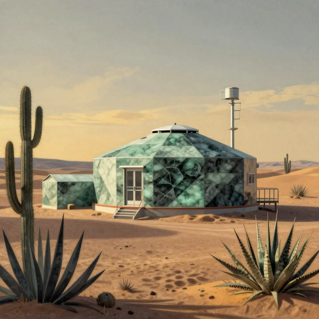 a desert research station during golden hour, contemporary botanical illustration, careful geometric composition, jade a