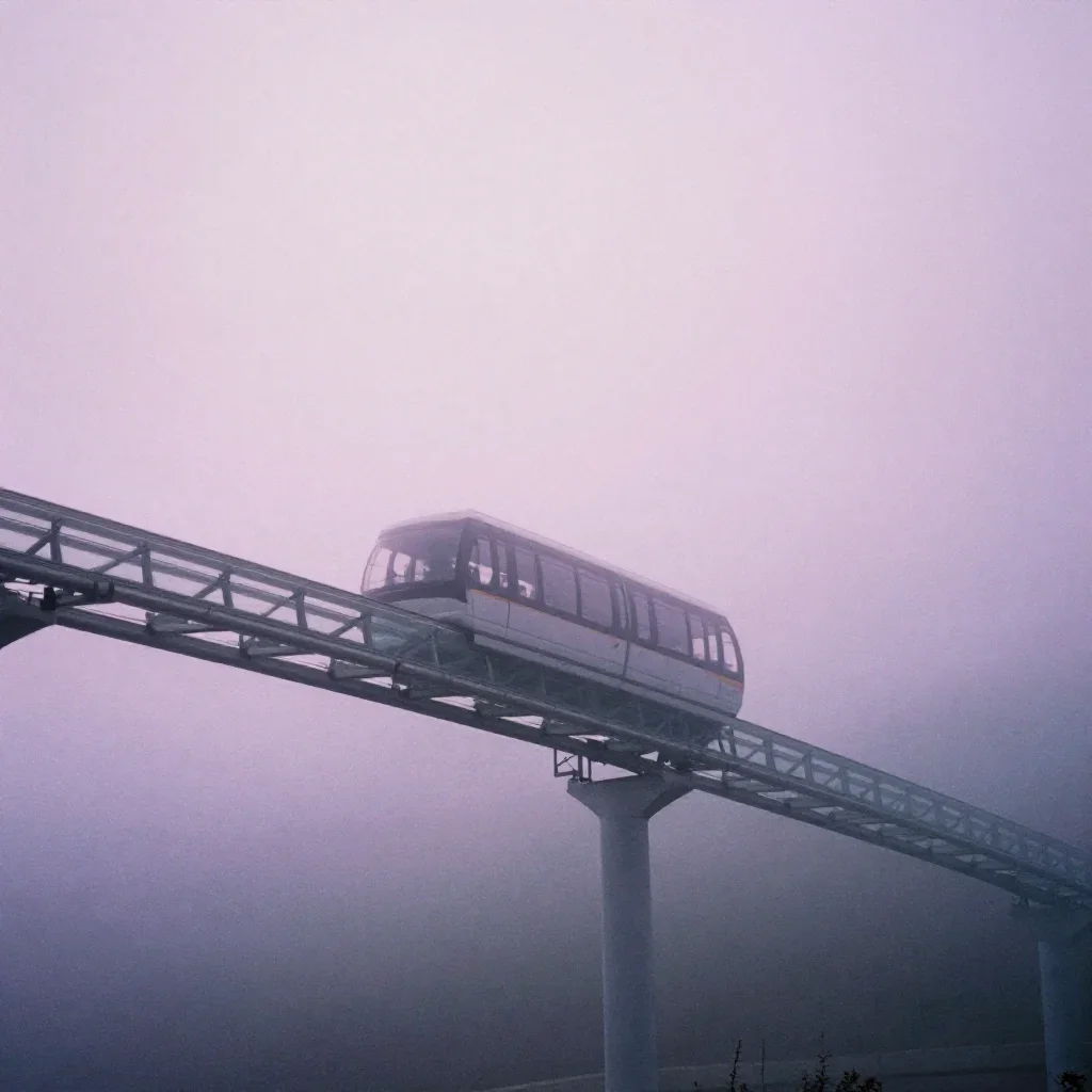 a glass monorail under soft dawn fog, soft-grain analog film photography, atmospheric depth, lavender and silver palette
