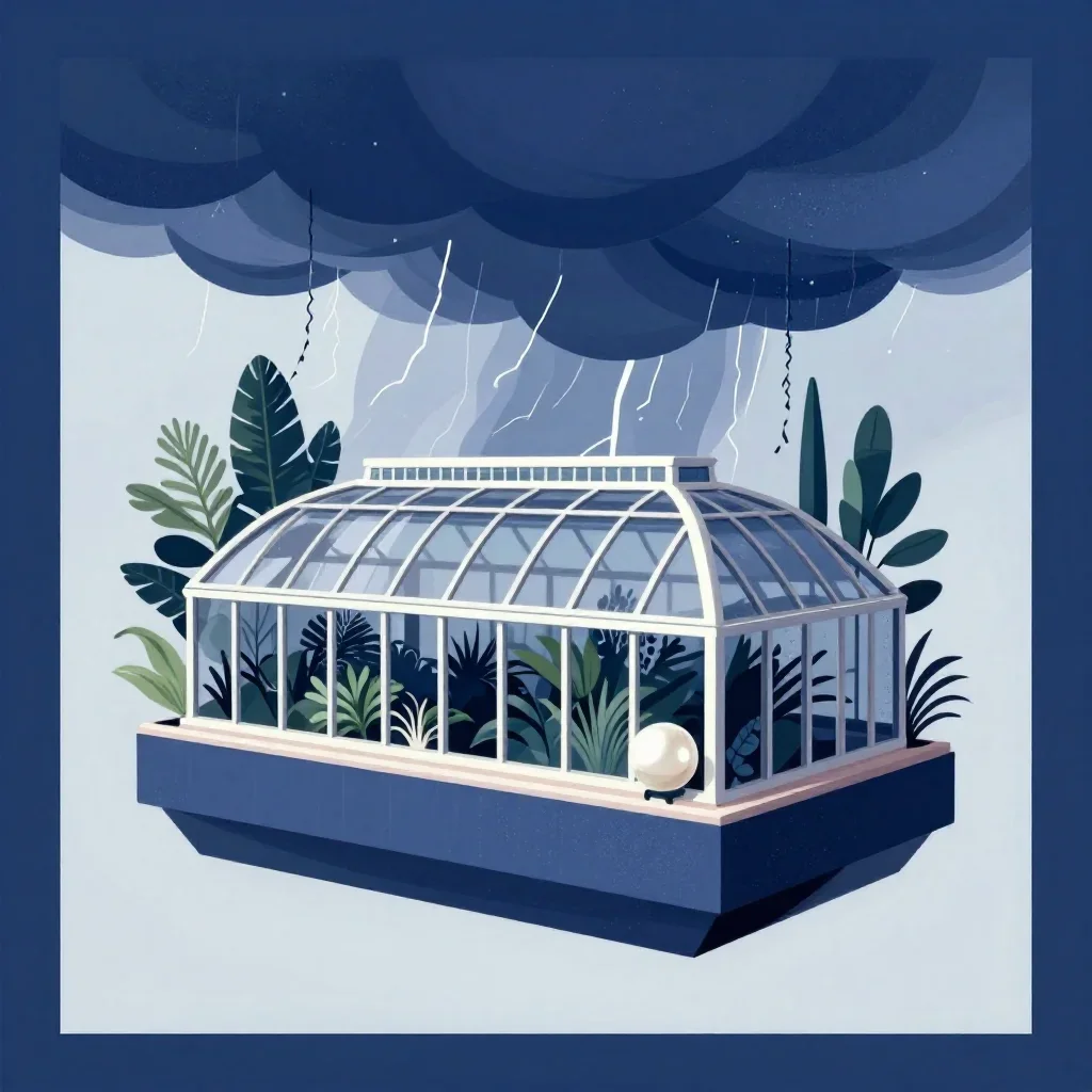 a floating botanical conservatory after a distant thunderstorm, modernist poster illustration, clean natural textures, i