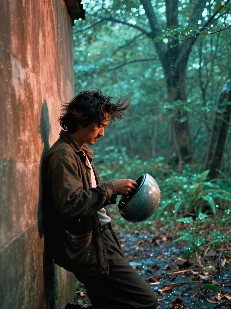 a rider removing a helmet, flushed and windblown in a wind-swept lean against a wall, in a dewy forest clearing, Wong Ka