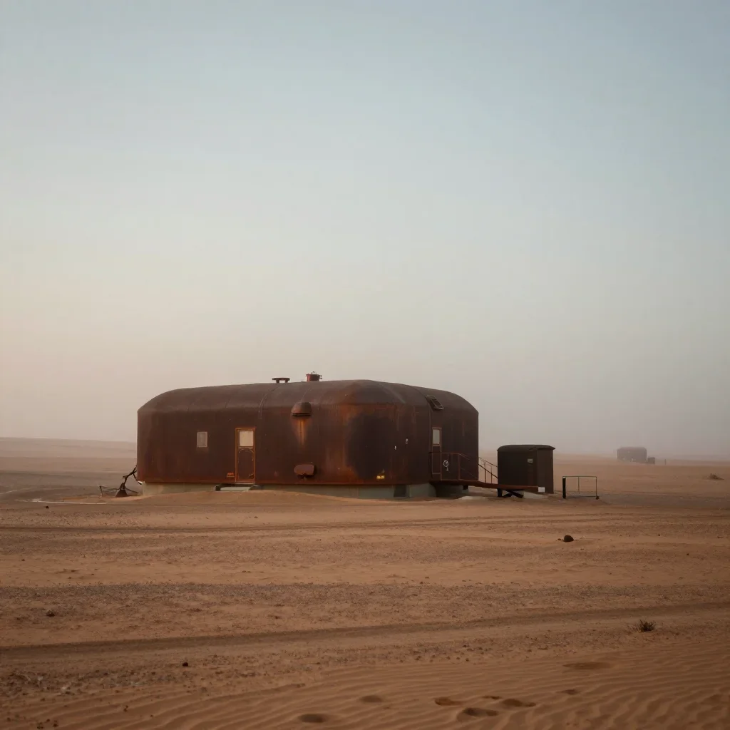 a desert research station under soft dawn fog, refined editorial travel photography, restrained color harmony, rust and 