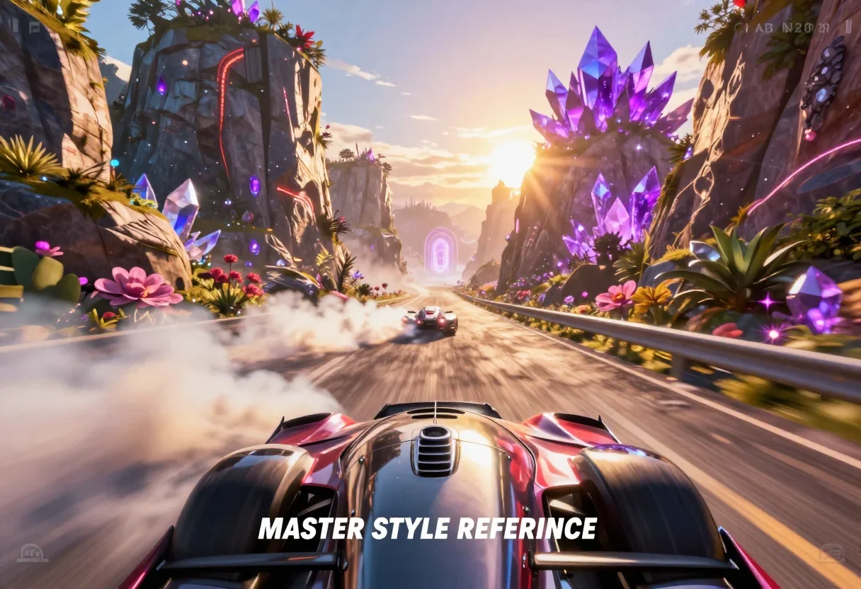 Style: AAA arcade racing-game gameplay footage — Forza Horizon / Need for Speed look. Hyper-saturated, glossy, high-cont