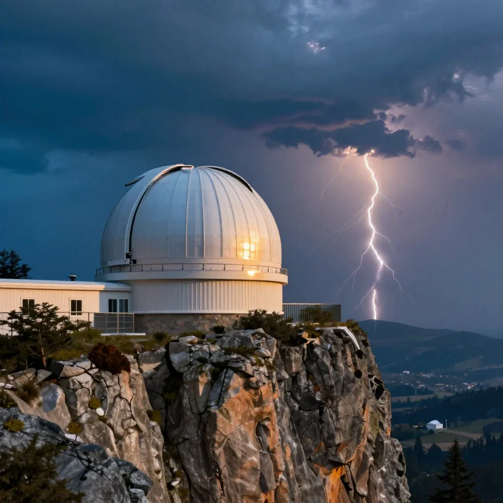 a cliffside observatory after a distant thunderstorm, cinematic architectural photography, gentle reflected light, cobal