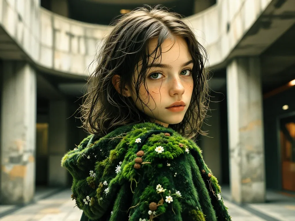 a streetwear influencer with wet-look hair in an alluring over-the-shoulder glance, in a brutalist concrete atrium, mood