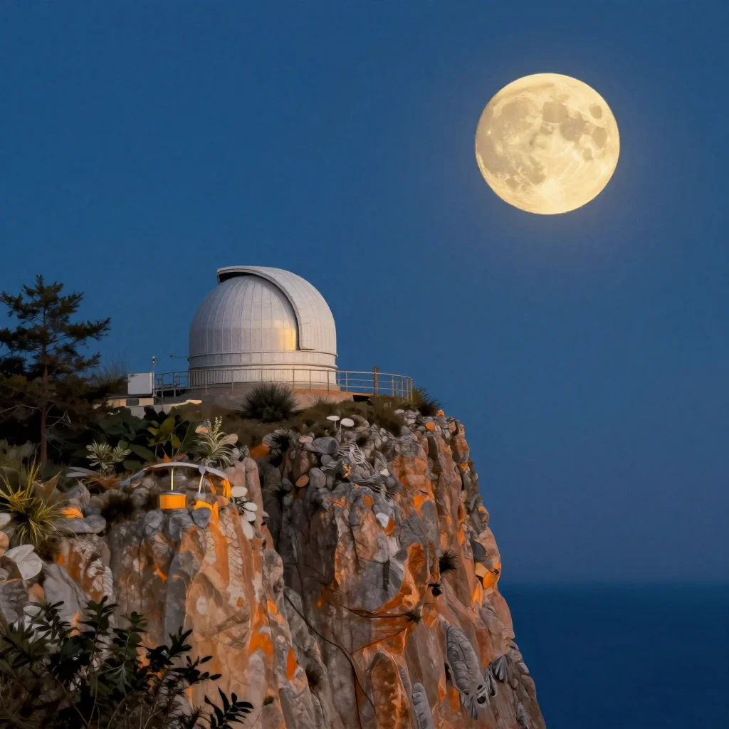 a cliffside observatory at moonrise, contemporary botanical illustration, calm negative space, cobalt and amber palette,