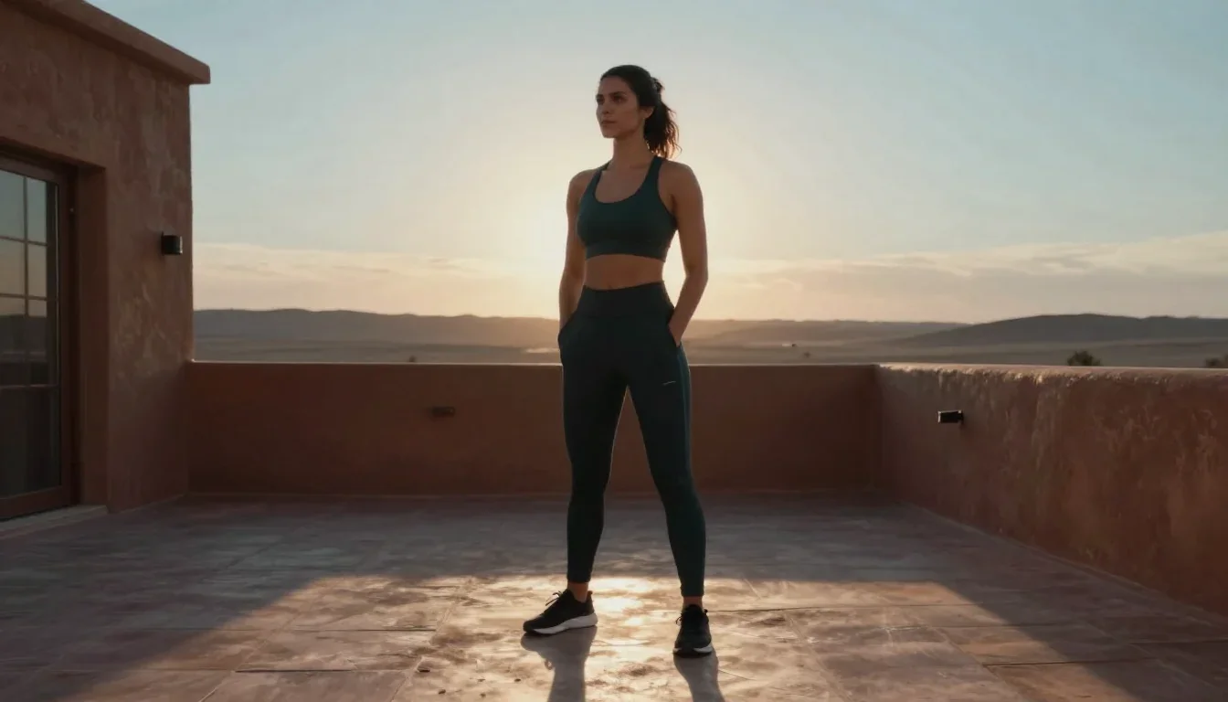 a fitness creator stretching in a sunlit loft standing tall with hands in pockets, in a silent desert at twilight, cinem