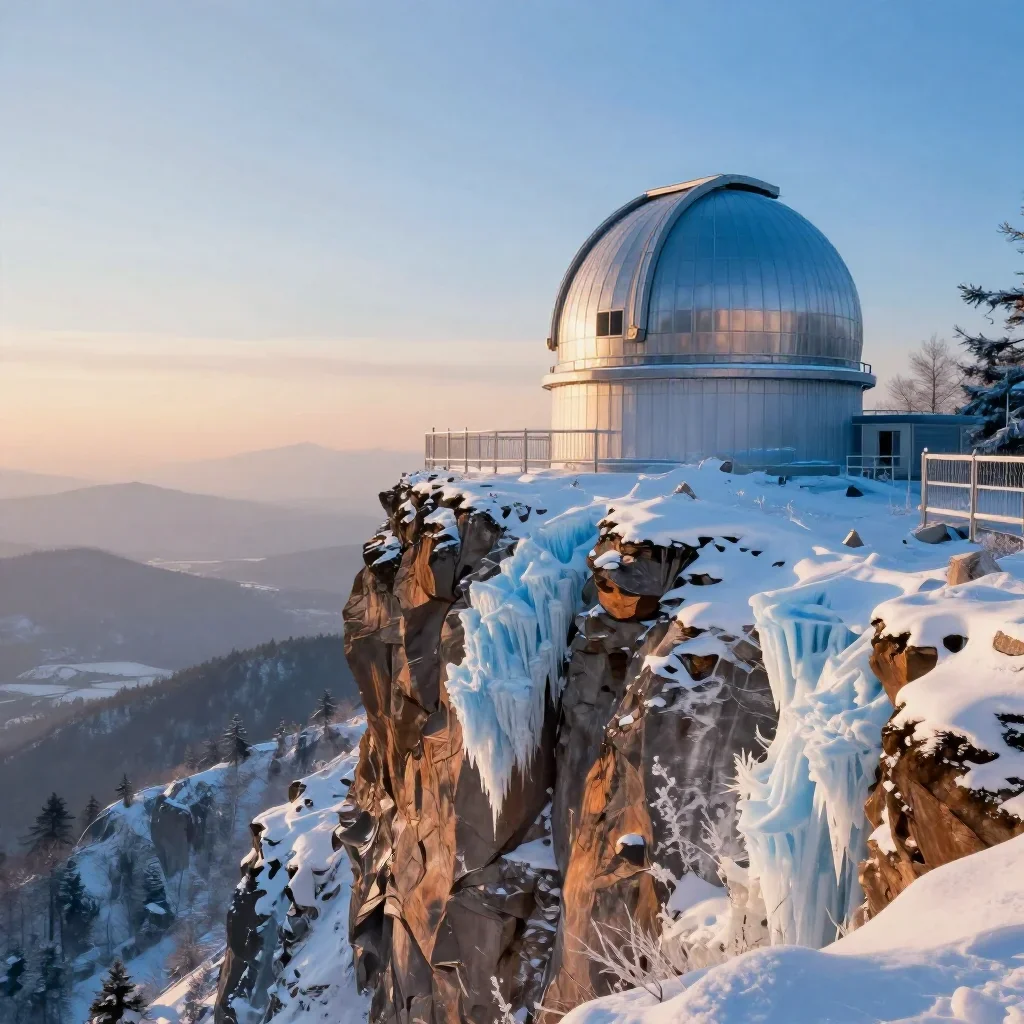 a cliffside observatory in crisp winter sunlight, dreamlike fine-art landscape photography, atmospheric depth, ice blue 