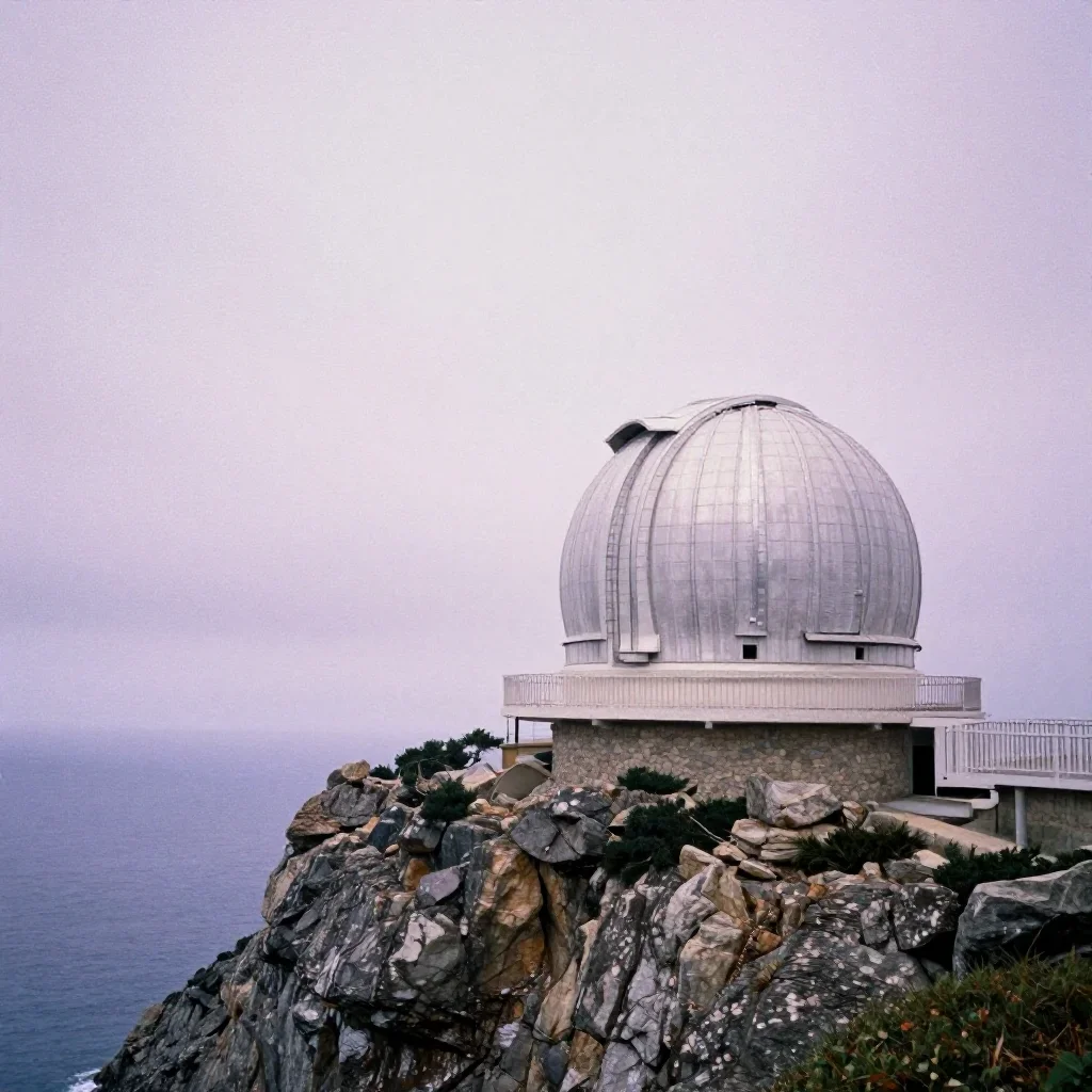 a cliffside observatory under overcast coastal light, soft-grain analog film photography, soft volumetric light, lavende