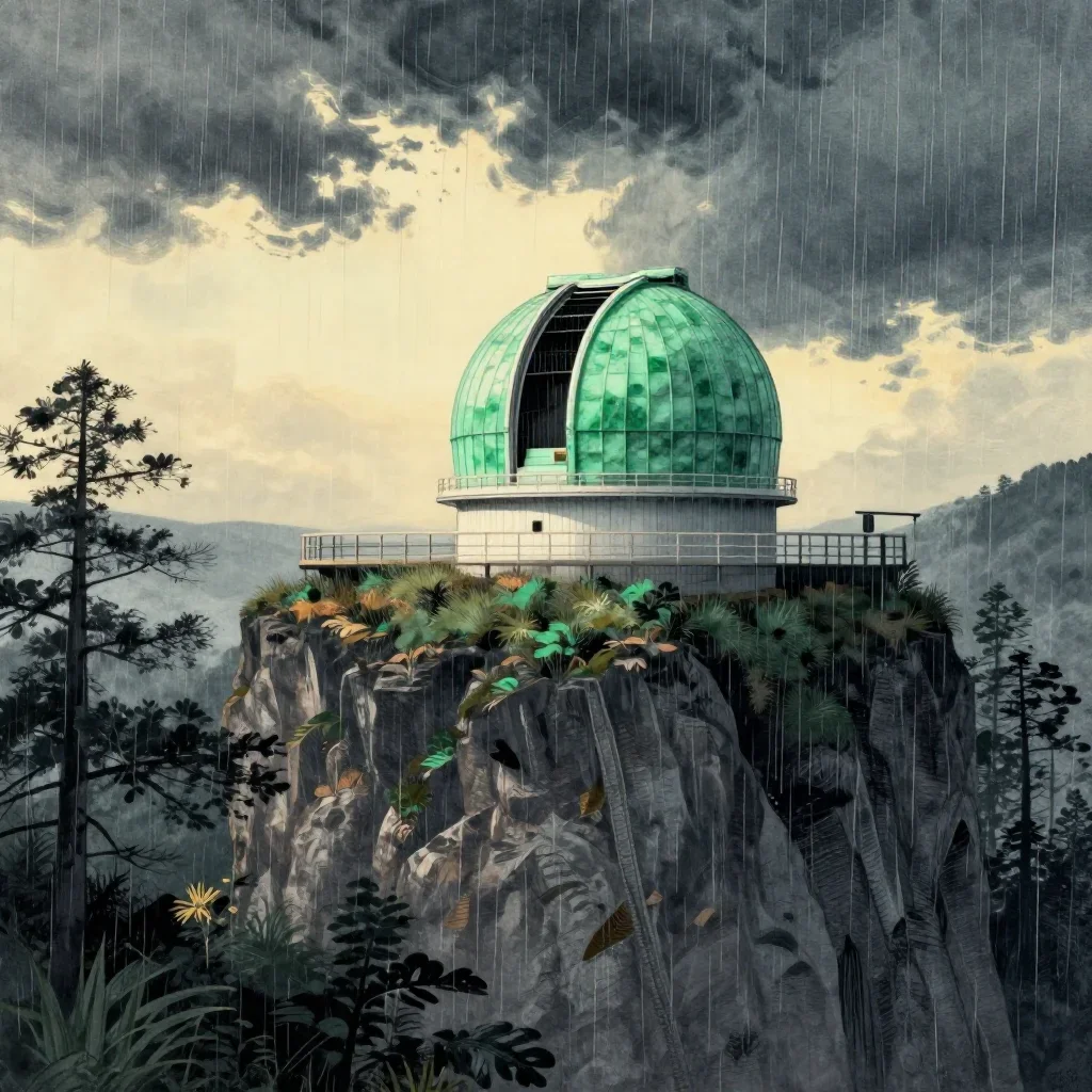 a cliffside observatory after warm summer rain, Japanese woodblock-inspired editorial art, clean natural textures, jade 