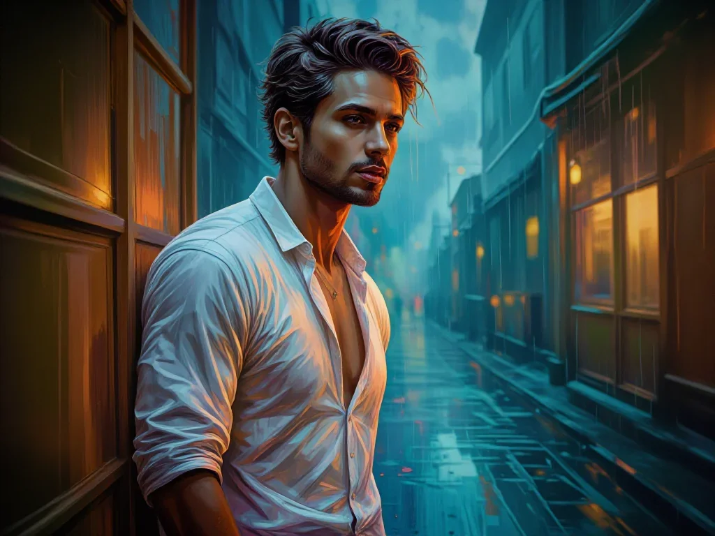 a handsome man in a rolled-sleeve white shirt in a wind-swept lean against a wall, in a rain-slick neon alley, bold Helm