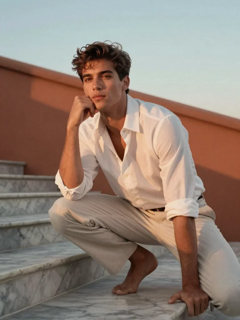 a handsome man in a rolled-sleeve white shirt in a low lunge with a lifted chin, on a marble staircase at dawn, soft-gra