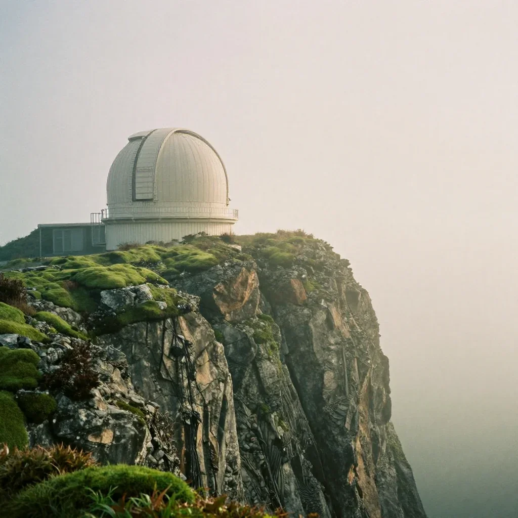 a cliffside observatory under soft dawn fog, soft-grain analog film photography, atmospheric depth, moss green and cream