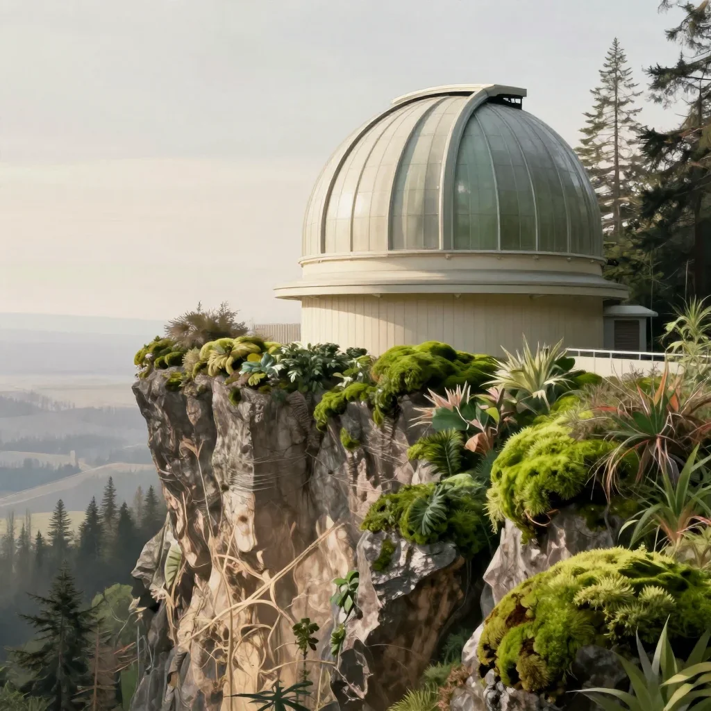 a cliffside observatory in crisp winter sunlight, contemporary botanical illustration, soft volumetric light, moss green