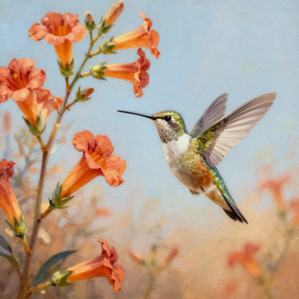 a hummingbird beside trumpet flowers during golden hour, luminous gouache painting, subtle film grain, terracotta and pa