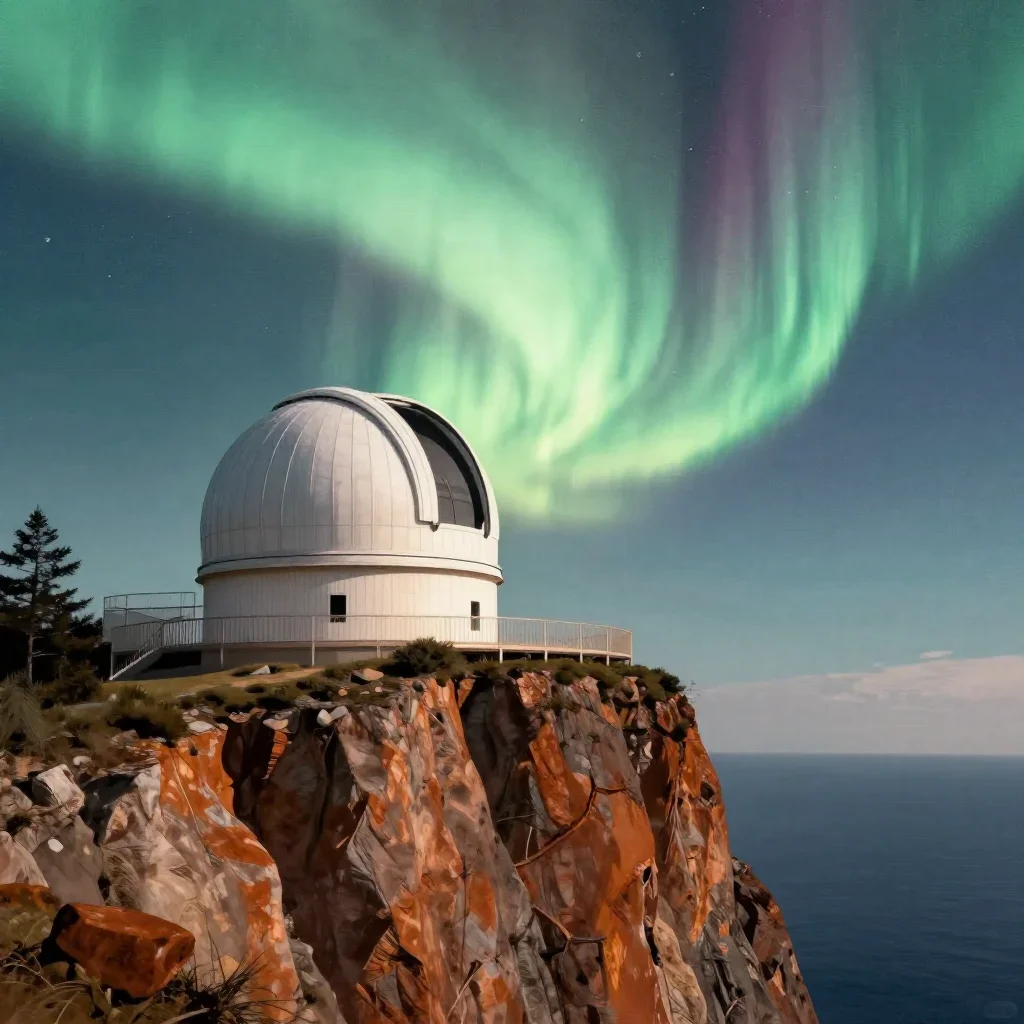 a cliffside observatory beneath an aurora, Japanese woodblock-inspired editorial art, clean natural textures, rust and s