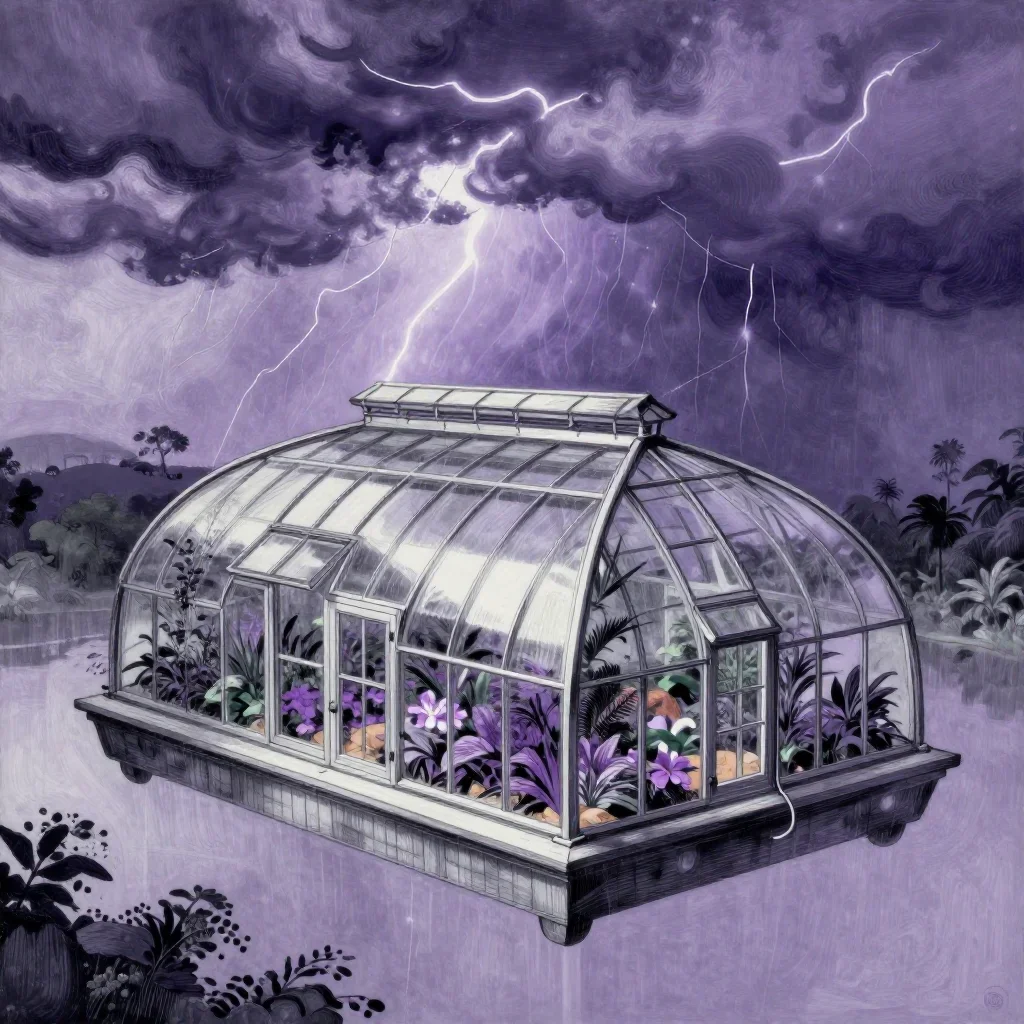 a floating botanical conservatory after a distant thunderstorm, Japanese woodblock-inspired editorial art, restrained co