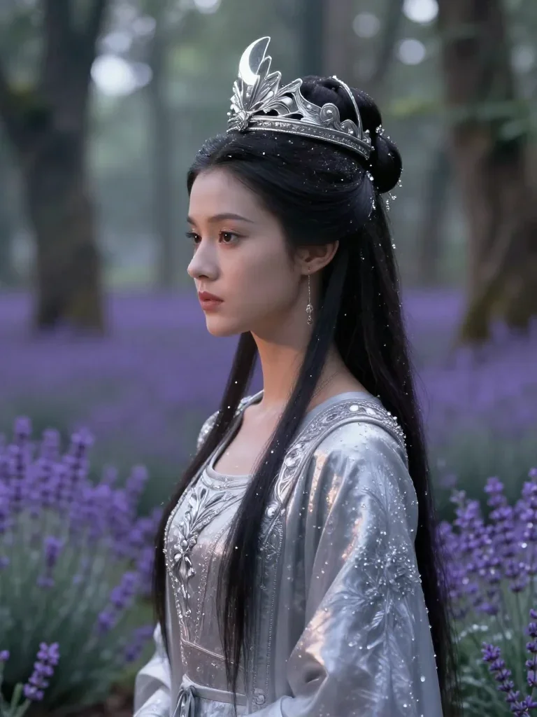 an elven queen in a moonlit silver crown in a dramatic three-quarter profile, in a dewy forest clearing, Wong Kar-wai co