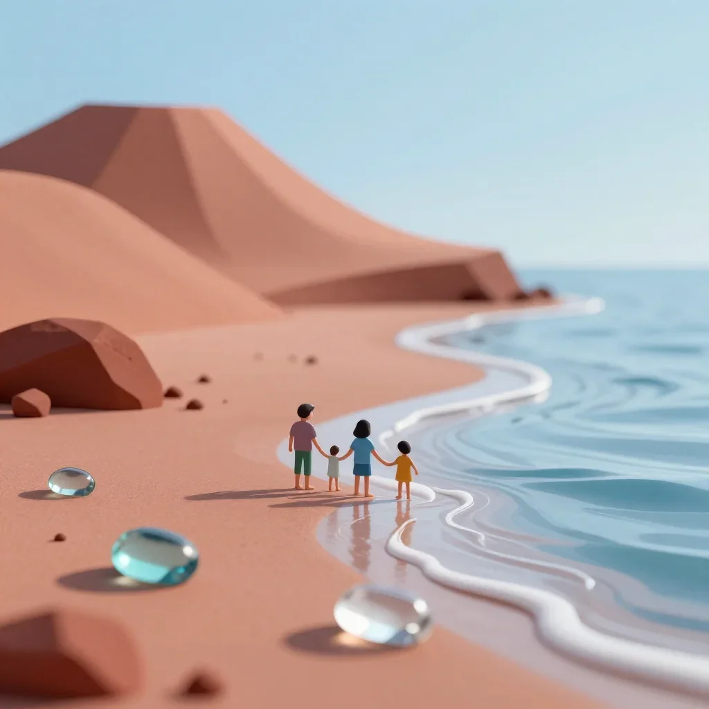 a volcanic beach of polished glass in a gentle sea breeze, minimal geometric 3D art, shallow depth of field, terracotta and pale sky blue palette, family-safe, no text, no logo, no watermark