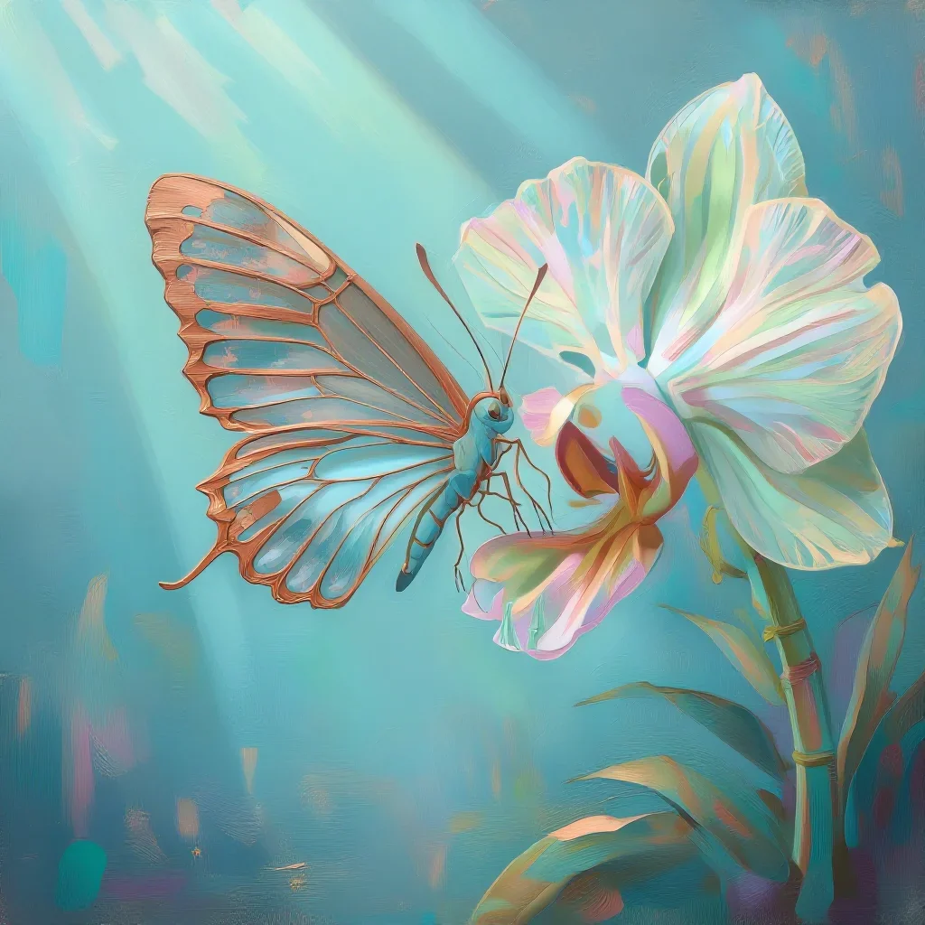 a glasswing butterfly on an orchid in early spring mist, luminous gouache painting, clean natural textures, seafoam and 