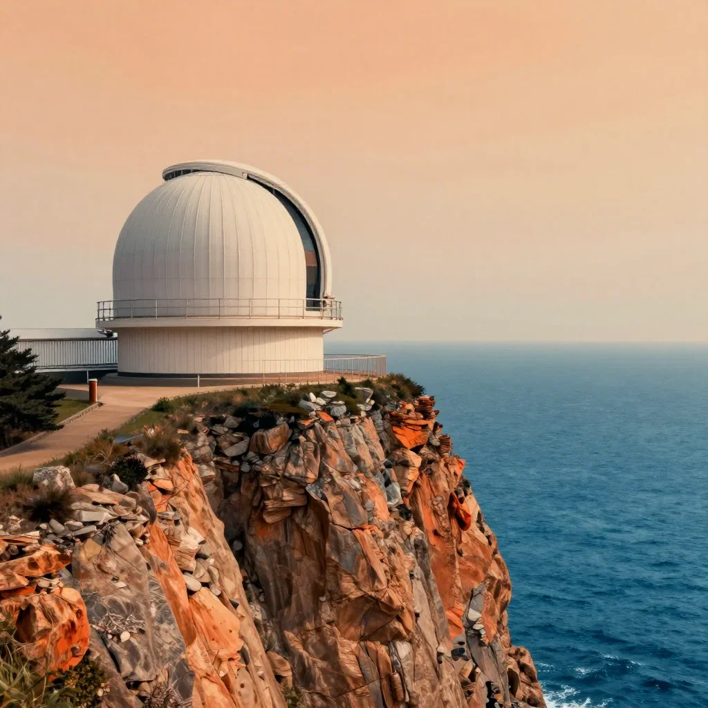 a cliffside observatory under overcast coastal light, Japanese woodblock-inspired editorial art, soft volumetric light, 