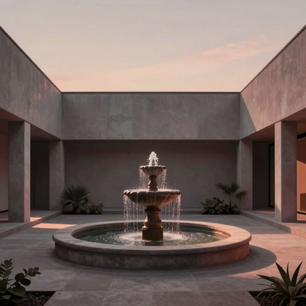 a hidden courtyard fountain at blue hour, modernist poster illustration, calm negative space, garnet and warm grey palet