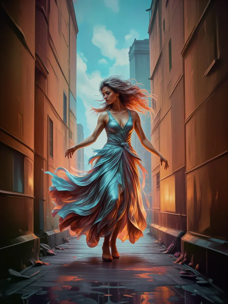 a dancer mid-spin in a silk maxi dress in a wind-swept lean against a wall, in a rain-slick neon alley, futuristic specu