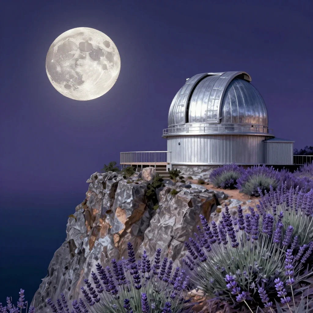 a cliffside observatory at moonrise, contemporary botanical illustration, calm negative space, lavender and silver palet