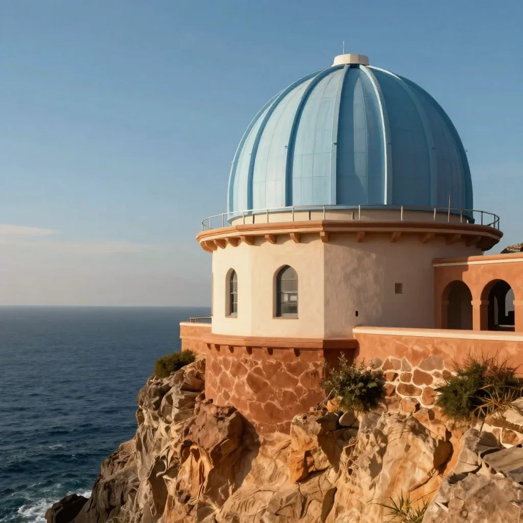 a cliffside observatory in a gentle sea breeze, cinematic architectural photography, crisp material detail, terracotta a