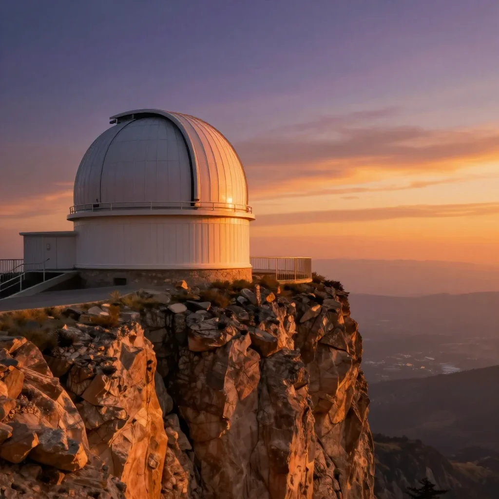 a cliffside observatory during golden hour, dreamlike fine-art landscape photography, gentle reflected light, ochre and 