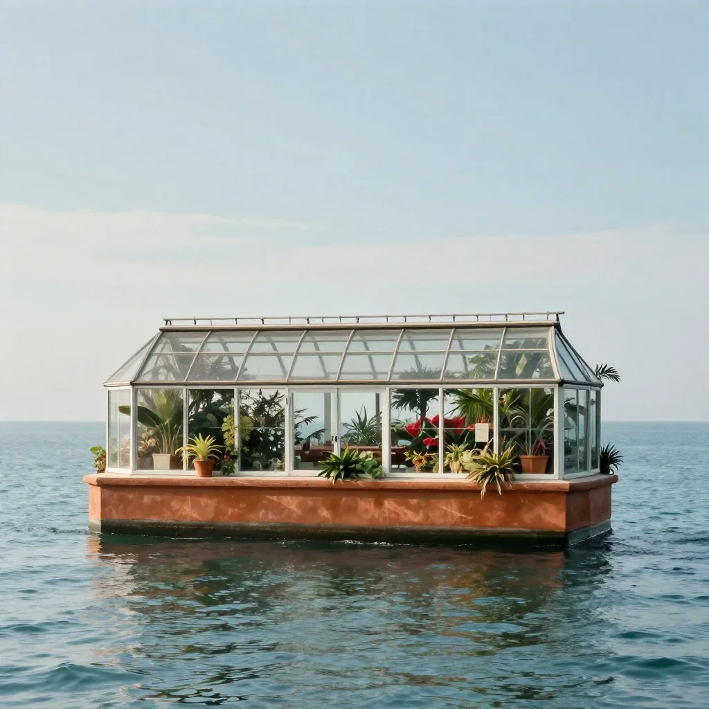 a floating botanical conservatory in a gentle sea breeze, dreamlike fine-art landscape photography, calm negative space,