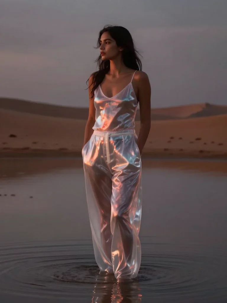 a siren at the waterline in a translucent slip standing tall with hands in pockets, in a silent desert at twilight, neo-