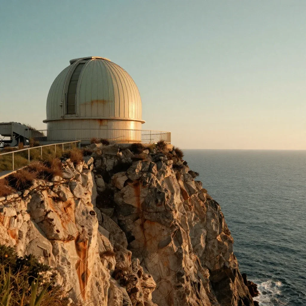 a cliffside observatory in a gentle sea breeze, dreamlike fine-art landscape photography, subtle film grain, rust and sa