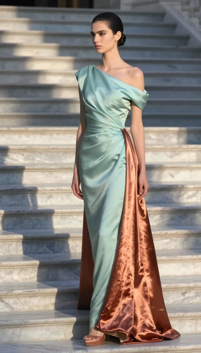 a couture catwalk muse with razor cheekbones in an alluring over-the-shoulder glance, on a marble staircase at dawn, edi