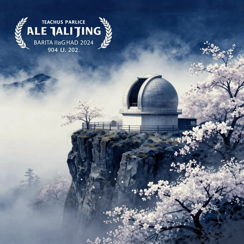 a cliffside observatory in early spring mist, Japanese woodblock-inspired editorial art, restrained color harmony, indig