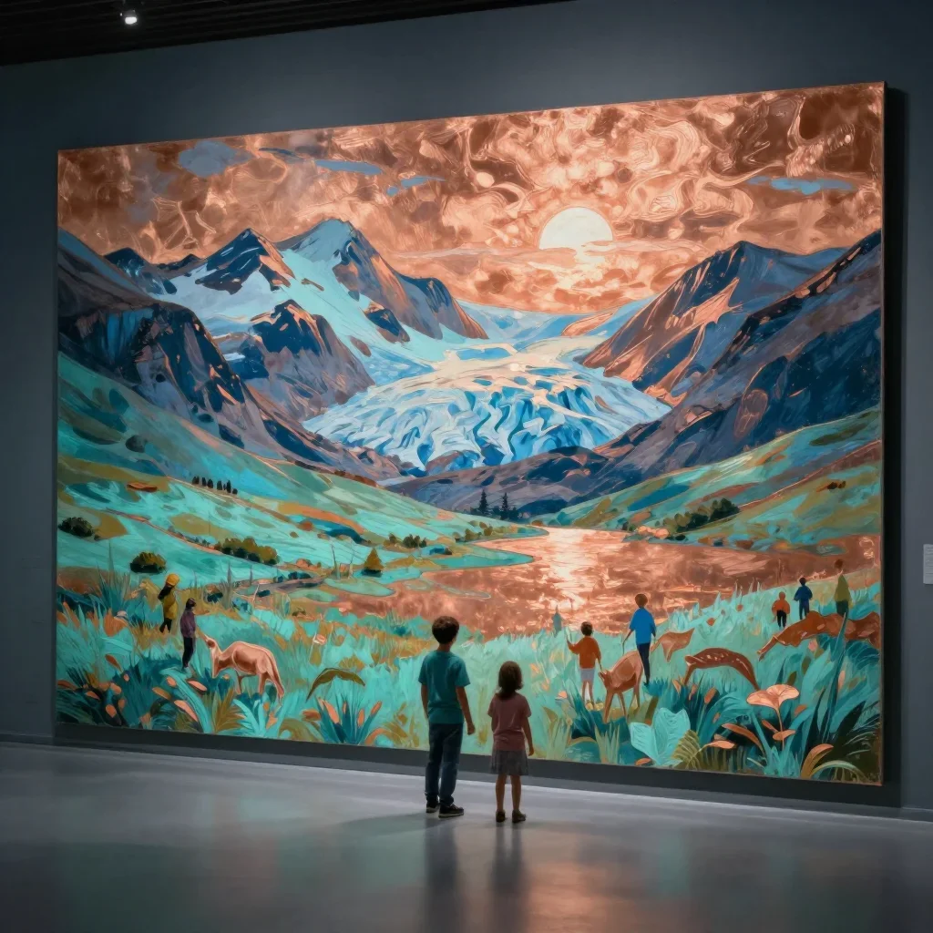 an alpine meadow beneath glaciers in cool museum light, luminous gouache painting, gentle reflected light, seafoam and c